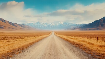 Camping road trip on the highways A wide dirt road stretches towards distant mountains under a blue sky.