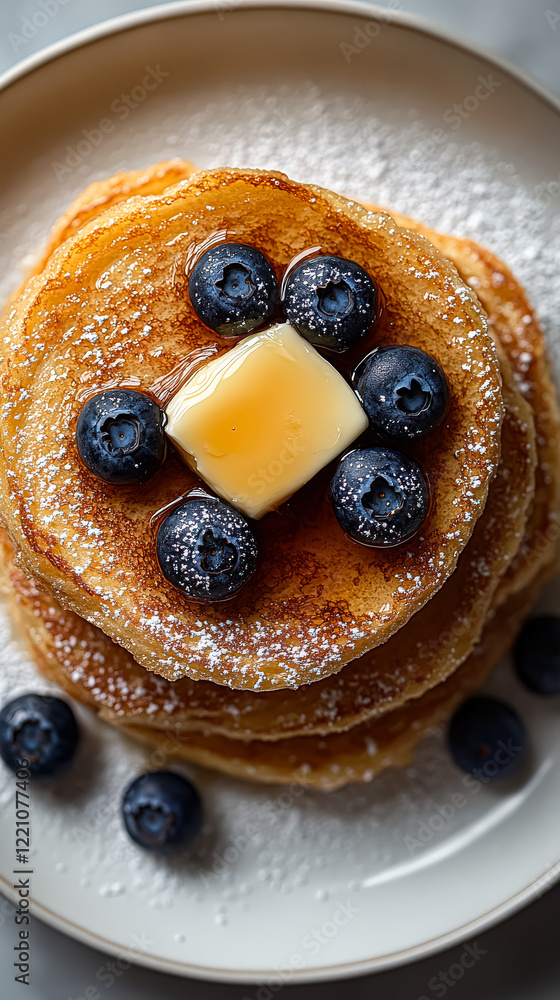 Poster stack of pancakes with blueberries and butter on top. the pancakes are piled high and the blueberrie