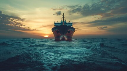 Fototapeta premium Container ship in the sea with beautiful water lines, front view. 
