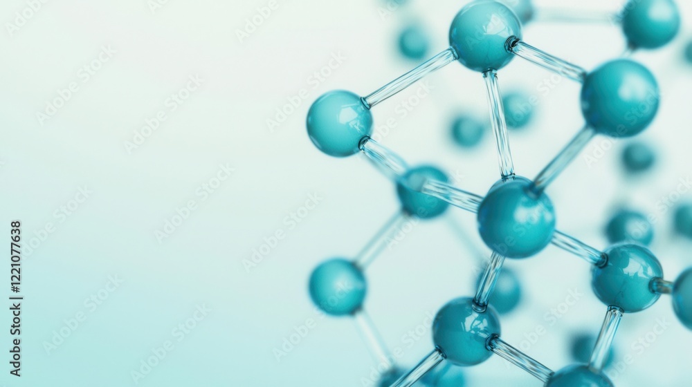 Poster abstract molecular structure with blue spheres connected by transparent lines, representing scientif