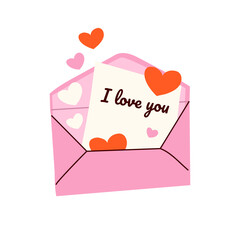 Cute romantic letter, open envelope with flying hearts. Valentine day mail post letters isolated vector illustration. Love message symbol For poster, greeting card, invitation, flyer, banner