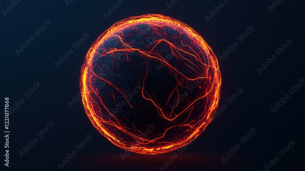 Poster a glowing sphere with fiery, flowing lines, set against a dark background, creating a dramatic and d