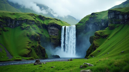 Majestic Waterfall in a Lush Green Valley