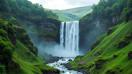 Majestic Waterfall in a Lush Green Valley