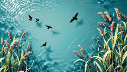 Fototapeta premium Tranquil Pond Scene: Birds in Flight, Serene Water, Reeds