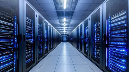 large data center corridor with energy efficient servers and blue lights