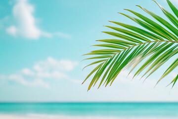 Fototapeta premium Close-up of a palm leaf with soft focus on a tropical beach background, featuring a clear blue sky and calm turquoise water