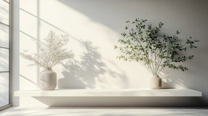 Minimalist interior decoration featuring plants and vases modern home still life natural light tranquil atmosphere
