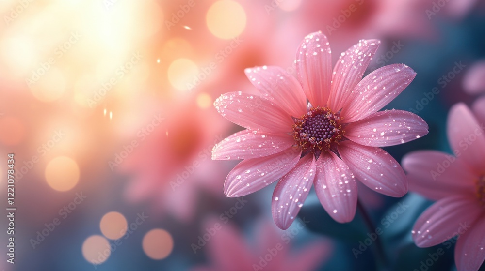 Poster close-up of a pink flower with sparkling dew in a dreamy background of soft bokeh lights