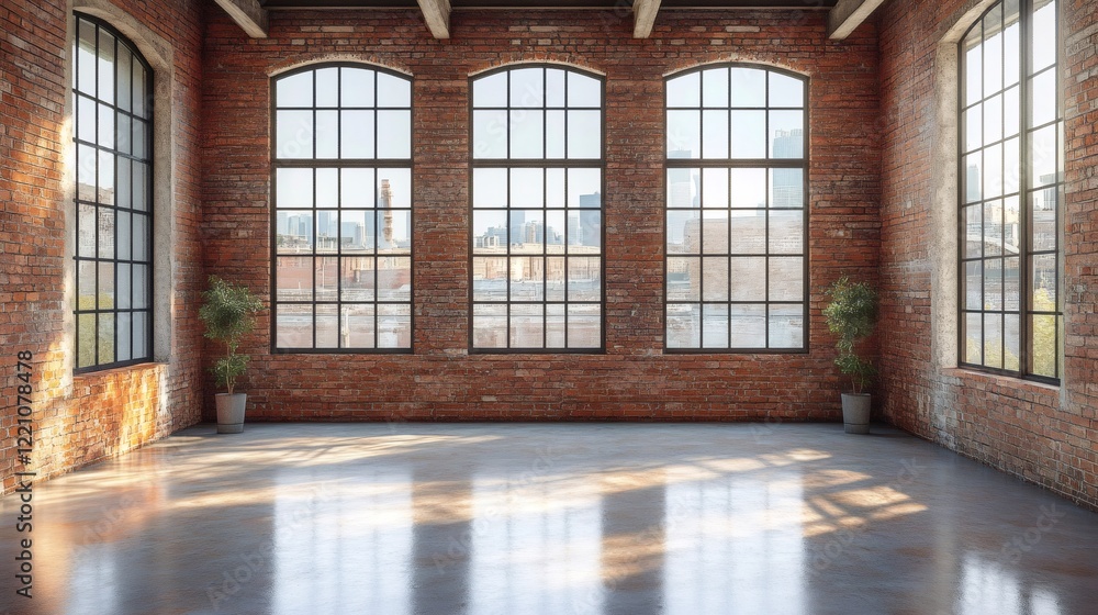 Poster sunlight illuminating empty industrial loft with large windows and brick walls