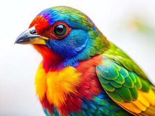 Vibrant Colorful Bird Closeup Macro Photography, White Background, Isolated Clipping Path