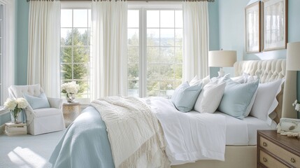 Fototapeta premium A serene bedroom in shades of light blue and white, with a cozy bed and large windows enhancing the room natural brightness and calm atmosphere.