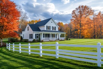Classic american house with white fence during fall season with colorful trees