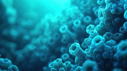 A close-up view of vibrant coral structures under water, showcasing intricate details and a soothing blue hue.