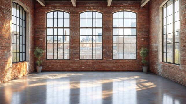Sunlight illuminating empty industrial loft with large windows and brick walls