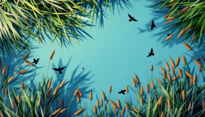Serene Summer Meadow: Birds in Flight, Grasses, and Peaceful Blue