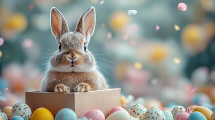 A cute bunny pops out of a gift box surrounded by confetti and colorful Easter eggs, making for a festive surprise