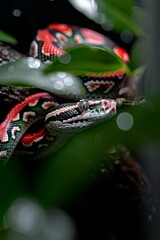 Boa Constrictor in Jungle: A large boa constrictor partially coiled around a tree trunk, its scales reflecting dappled sunlight. Surround it with jungle foliage. Reptile. Wildlife. Snakes.