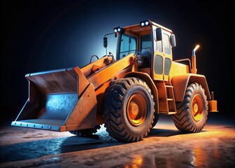 Fototapeta premium Vintage Orange Wheel Loader, Construction Equipment, Heavy Machinery, 3D Render, Night Photography