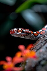 Fototapeta premium Boa Constrictor in Jungle: A large boa constrictor partially coiled around a tree trunk, its scales reflecting dappled sunlight. Surround it with jungle foliage. Reptile. Wildlife. Snakes.