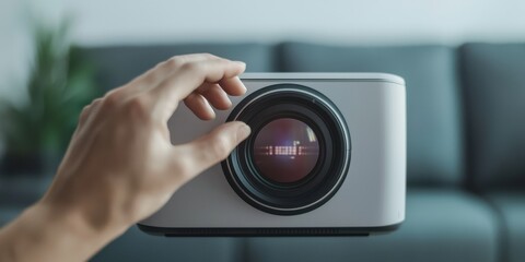 A hand adjusting the lens of a modern projector in a cozy living room setting.