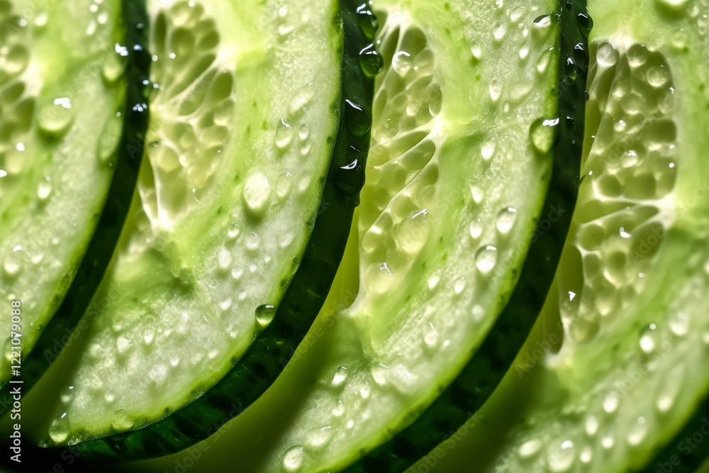 Poster close up of cucumber slices with a light green hue. the slices are arranged in a way that they look 