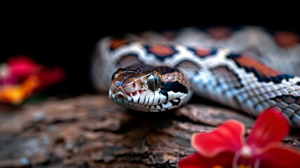 Fototapeta premium Boa Constrictor in Jungle: A large boa constrictor partially coiled around a tree trunk, its scales reflecting dappled sunlight. Surround it with jungle foliage. Reptile. Wildlife. Snakes.