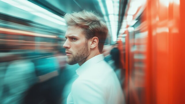 A man in a white shirt is captured in motion on a subway, reflecting the fast pace of urban life, showcasing the vibrancy and intensity of the subway environment.
