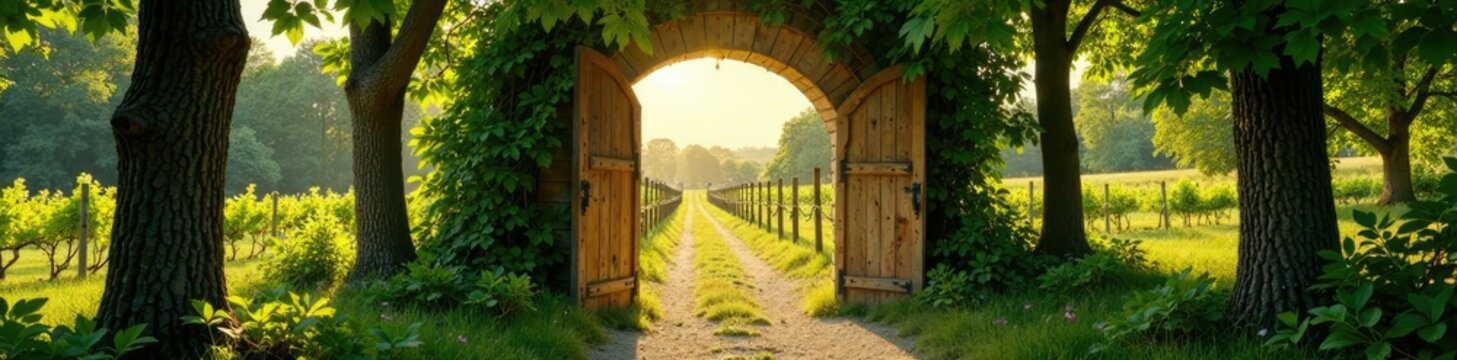 La porte de Clos vignes entour?e par une nature vivante, nature, Clos Vines, soleil faible