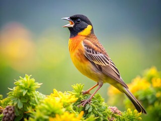 Fototapeta premium Vintage Photo: Black-headed Bunting Singing in Herb Garden, Breeding Season