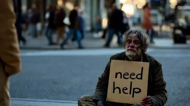 Urban life contrast: busy pedestrians pass by amidst a man's silent plea for help