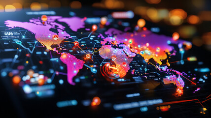 Illuminated World Map Global Network Connections and Data Flow Visualization