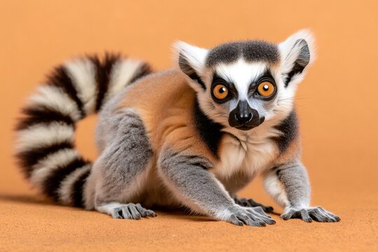 Ring tailed lemur crouching on orange background