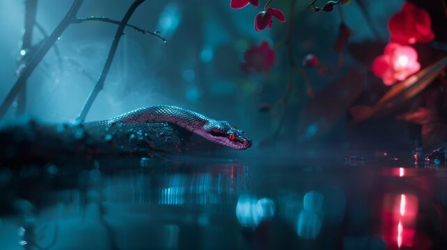 Boa Constrictor in Jungle: A large boa constrictor partially coiled around a tree trunk, its scales reflecting dappled sunlight. Surround it with jungle foliage. Reptile. Wildlife. Snakes.