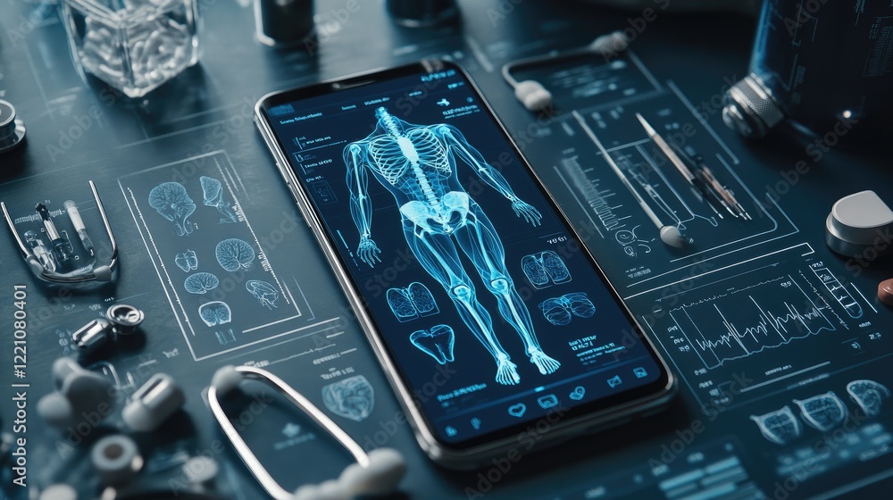 Poster a smartphone displaying an advanced e-health app with a human anatomy interface, surrounded by medic