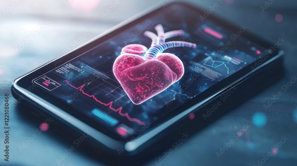 Poster a smartphone showing a cutting-edge e-health application with a 3d heart and vital signs, providing 