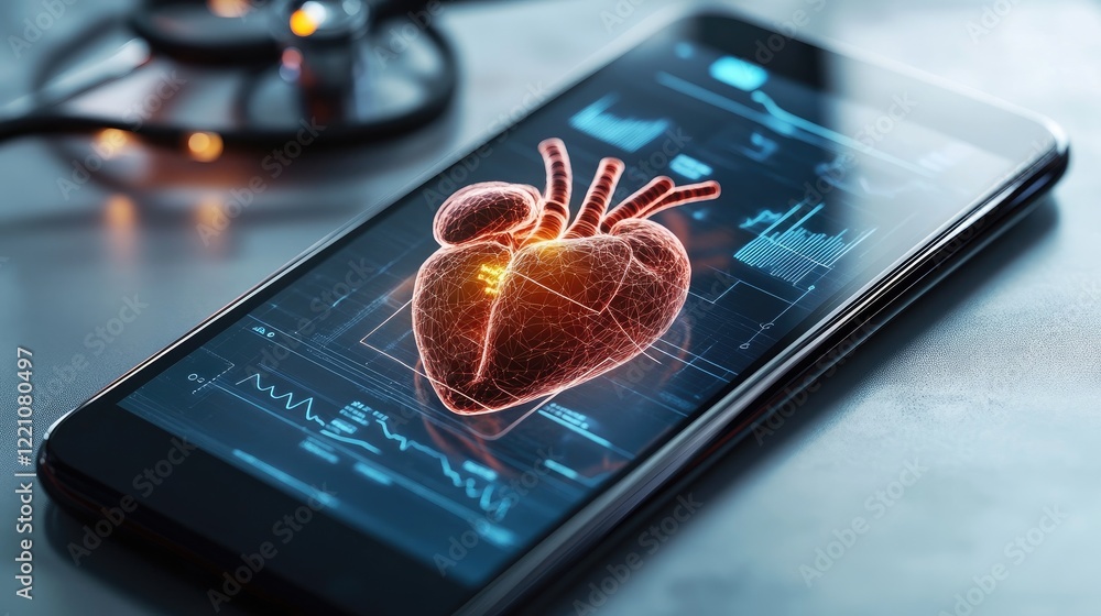 Poster A smartphone showing a cutting-edge e-health application with a 3D heart and vital signs, providing real-time health data.