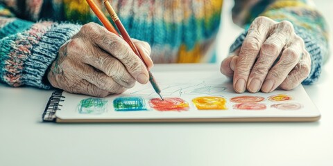 Obraz premium An elderly artist painting with vibrant watercolors in a sketchbook.