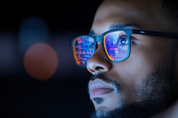 Man with glasses focused on computer screen in modern workspace technology and productivity conceptual image