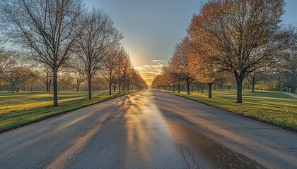 Fototapeta premium Sunrise illuminates tree lined road and grassy fields