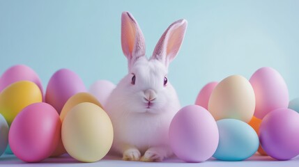 A cute bunny resting beside a vibrant collection of colorful Easter eggs, perfect for holiday greetings