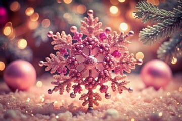 Fototapeta premium Vintage Pink Snowflake with White Glitter - Festive Holiday Decoration