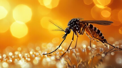 Close-up of a mosquito on a reflective surface with droplets, set against a blurred warm background