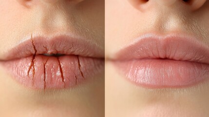 A close-up visual comparison of human lips showcasing a transformation from cracked and dry to beautifully smooth, representing beauty and self-care.