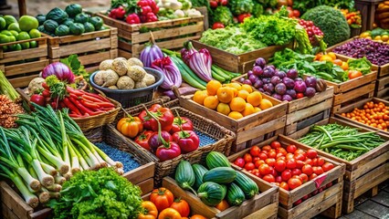 Obraz premium Vibrant Farmers Market Vegetable Display: Fresh Produce, Colorful Abundance