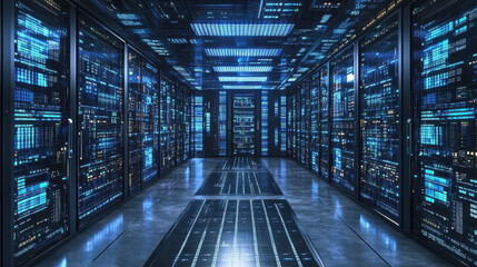 Fototapeta premium modern data center with rows of servers and glowing lights creates high tech atmosphere