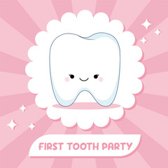 First tooth party for a girl. Invitation template, banner, pink background with cute kawaii tooth