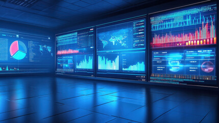 Obraz premium high tech data center monitoring room with multiple screens displaying analytics and graphs