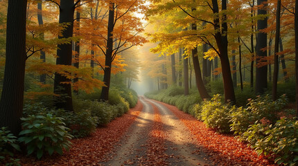 Serene Forest Pathway with Autumn Foliage