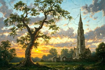 painting of english countryside with church ruins in the background  dramatic lighting and clouds sunset 